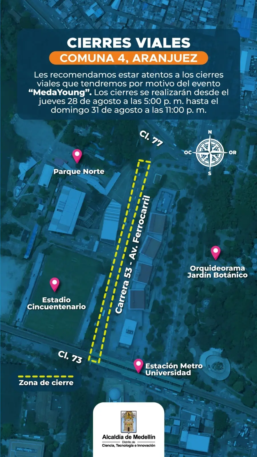 Cierres viales en Medellín este domingo, 24 de agosto, por eventos deportivos y culturales