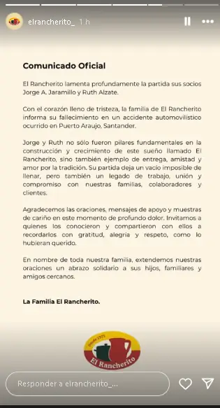 Dueños de El Rancherito fallecen en accidente de tránsito en Santander