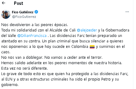 Federico Gutiérrez expresa su apoyo al alcalde de Cali y a la gobernadora del Valle del Cauca, quienes han recibido amenazas 1 Federico Gutiérrez expresa su apoyo al alcalde de Cali y a la gobernadora del Valle del Cauca, quienes han recibido amenazas