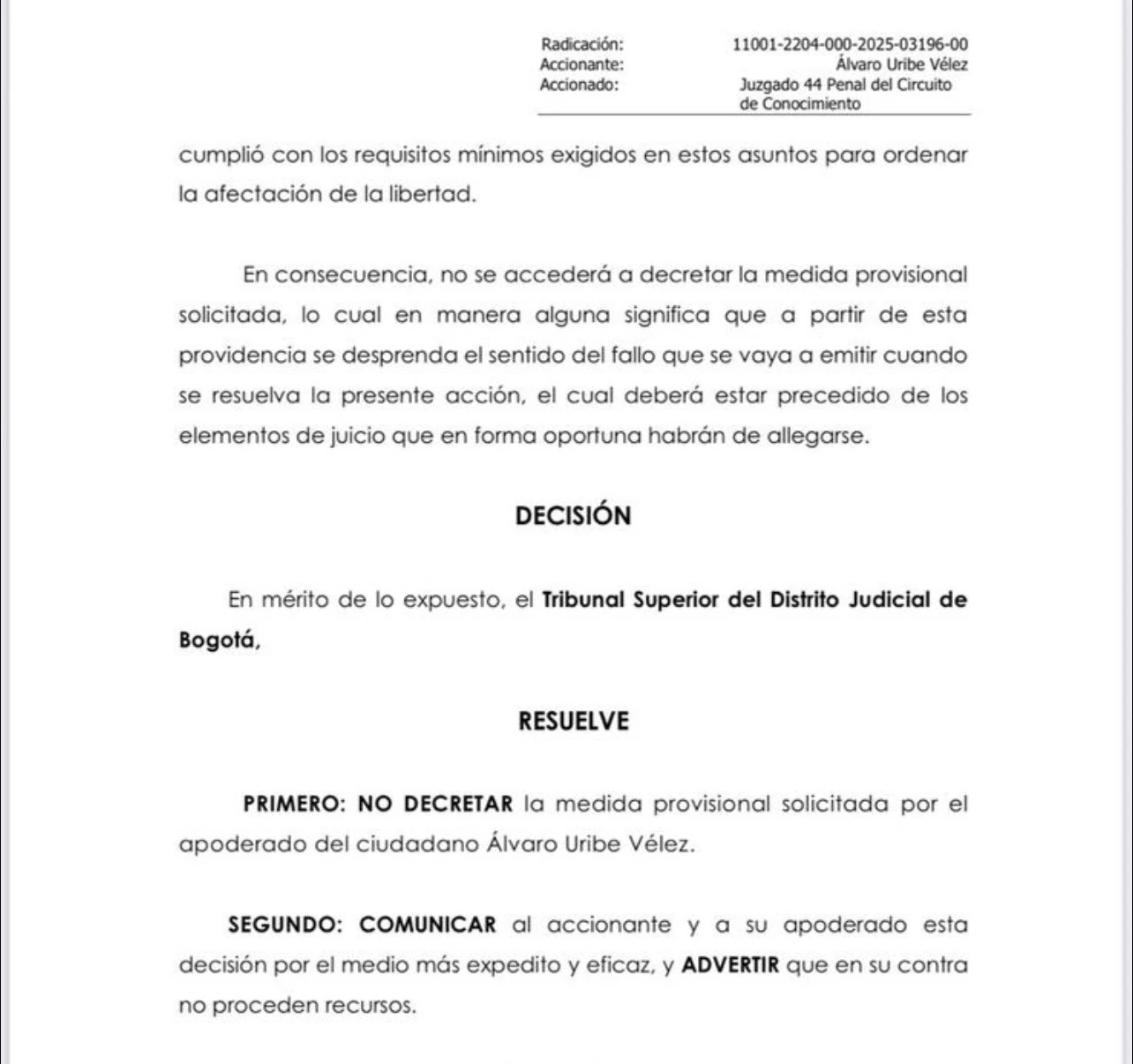 Tribunal rechaza solicitud para suspender prisión domiciliaria al expresidente Álvaro Uribe: estos fueron los argumentos 1 Decisión-Tribunal-Uribe