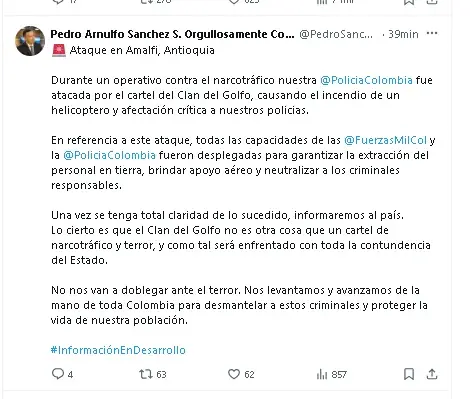 Helicóptero de la Policía derribado en Amalfi: Gobierno responsabiliza al ‘Clan del Golfo’