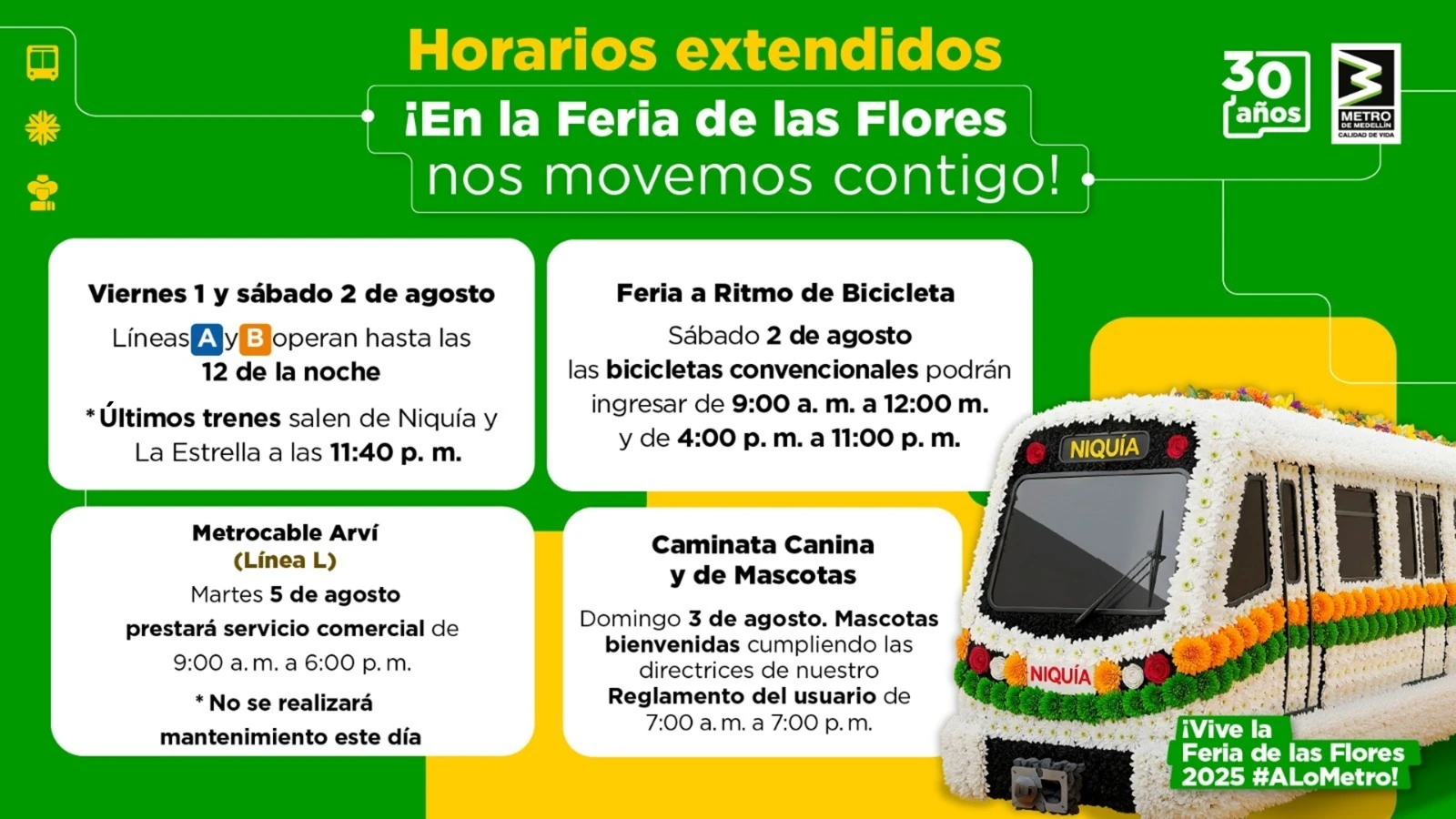 ¡Organice sus horarios! Conozca cómo operará el Metro de Medellín durante la Feria de las Flores 2025 1 Metro-horarios