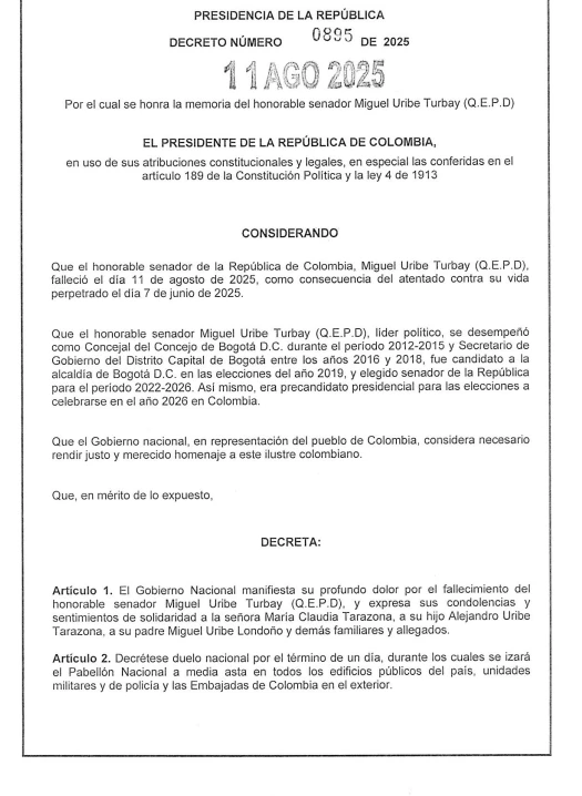 Petro decretó un día de duelo nacional y honores fúnebres por la muerte del senador Miguel Uribe 1 decreto-duelo-nacional