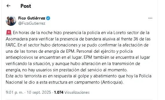 Terror en Medellín: reportan explosiones cerca de torre de energía en Loreto 1 reportan explosiones cerca de torre de energía en Loreto