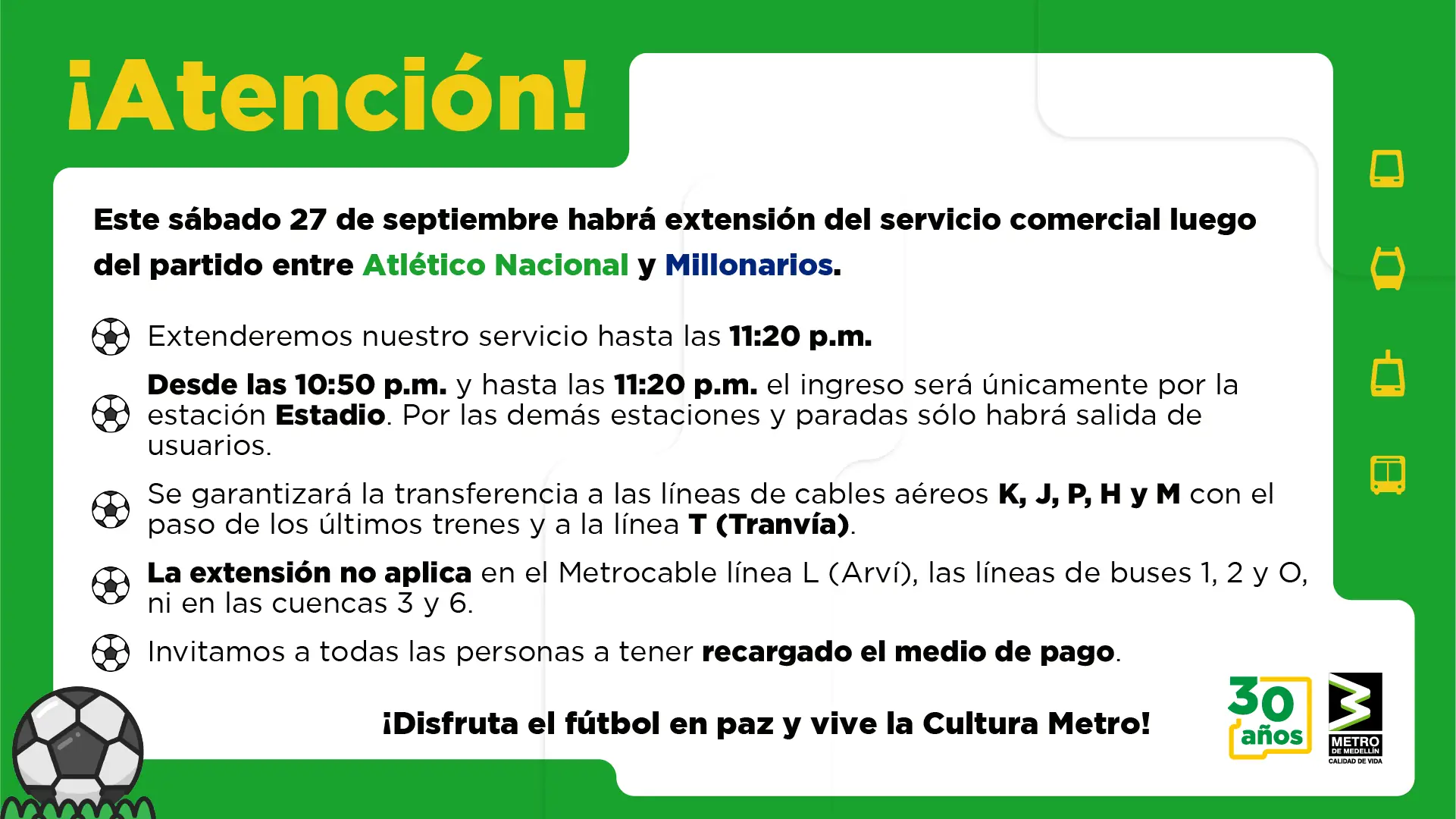 Horario del Metro de Medellín se extiende por el partido entre Atlético Nacional y Millonarios