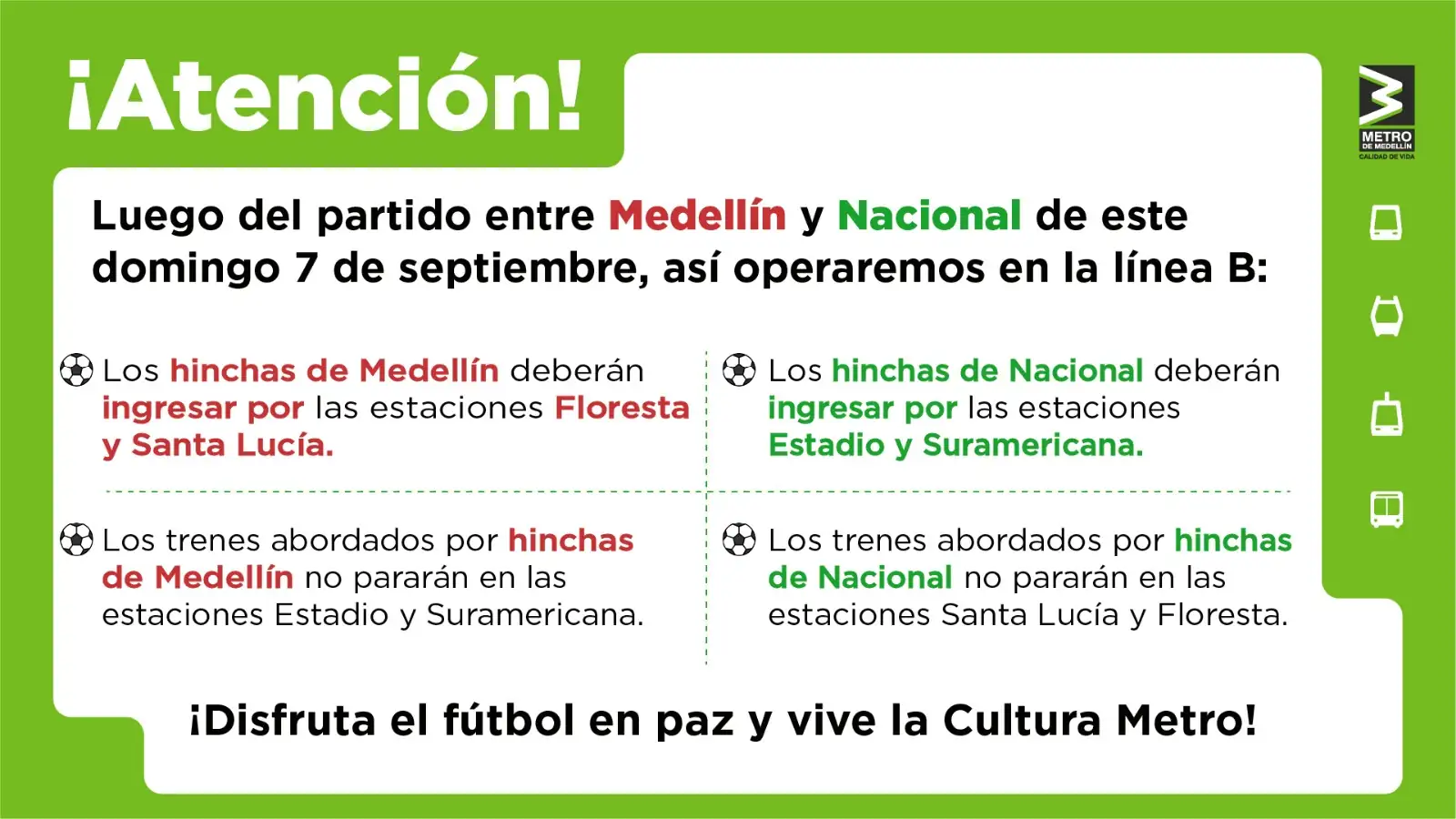 Metro de Medellín cambia rutas y accesos por clásico entre Medellín y Nacional