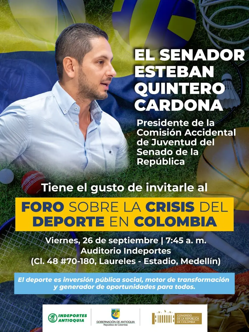 Senador Esteban Quintero convoca foro sobre la crisis del deporte en Medellín