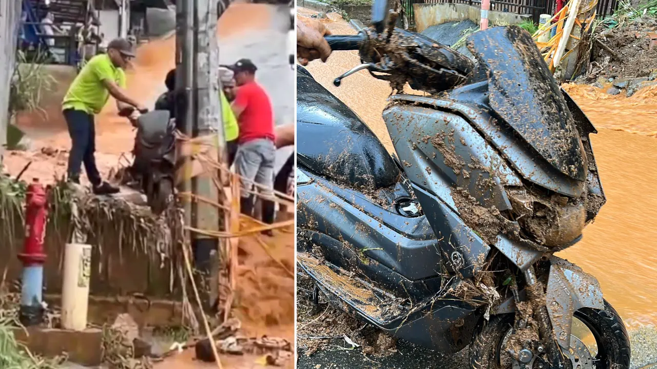 Ciudadanos se unieron para rescatar una moto del lodo tras el fuerte aguacero en Bello