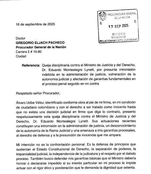 Procuraduría abrió investigación contra Eduardo Montealegre tras denuncia de Álvaro Uribe 1 Denuncia-Uribe-Montealegre