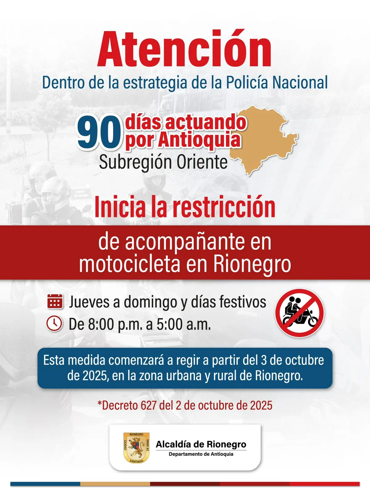 Rionegro aplica restricción a parrilleros en motocicleta durante la noche