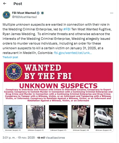 FBI ofrece millonaria recompensa por implicados en asesinato de colombo-canadiense en Medellín