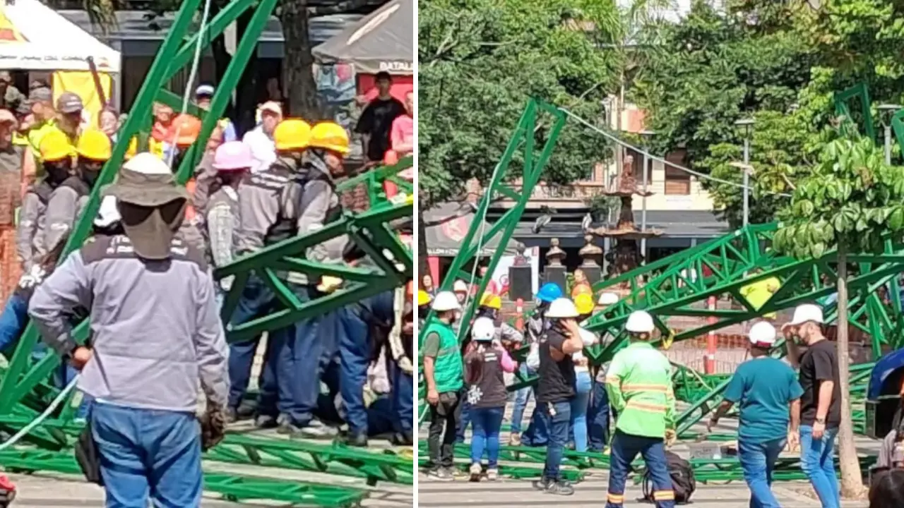 Tres trabajadores lesionados tras el colapso estructural del alumbrado en el parque principal de Envigado Tres trabajadores lesionados tras el colapso estructural del alumbrado en el parque principal de Envigado