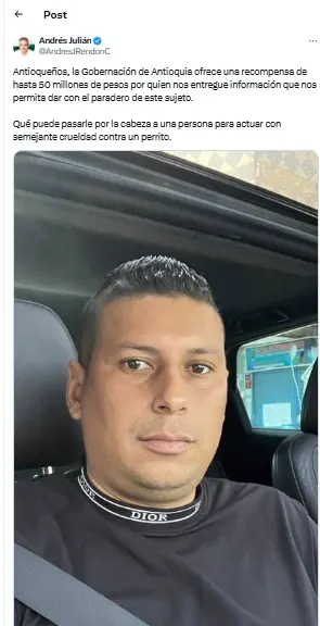 Ofrecen hasta $50 millones por información del hombre que maltrató a un perrito en Antioquia