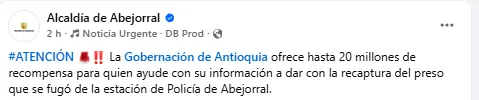 Recluso se fuga de estación de Policía en Abejorral y ofrecen 20 millones por información que permita recapturarlo 1 Recluso se fuga de estación de Policía en Abejorral y ofrecen 20 millones por información que permita recapturarlo