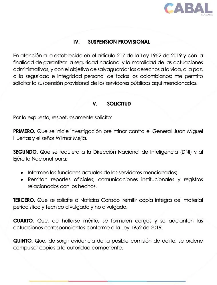 María Fernanda Cabal radica queja en la Procuraduría por posibles nexos entre altos mandos del Estado con alias Calarcá