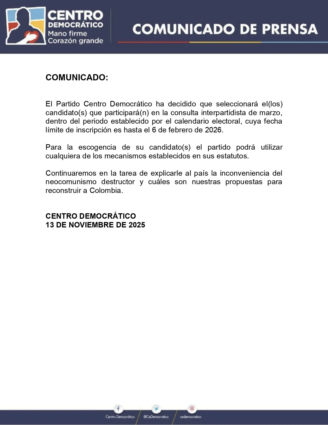 Centro Democrático toma una decisión inesperada y redefine cómo elegirá su candidato presidencial