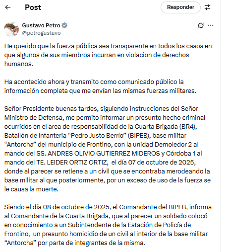 Ejército se pronunció tras señalamientos de Petro por caso en base militar de Frontino 1 Ejército se pronunció tras señalamientos de Petro por caso en base militar de Frontino