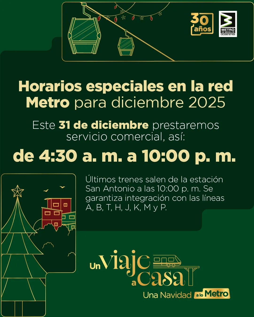 Así operará el Metro de Medellín este 31 de diciembre y el primero de enero