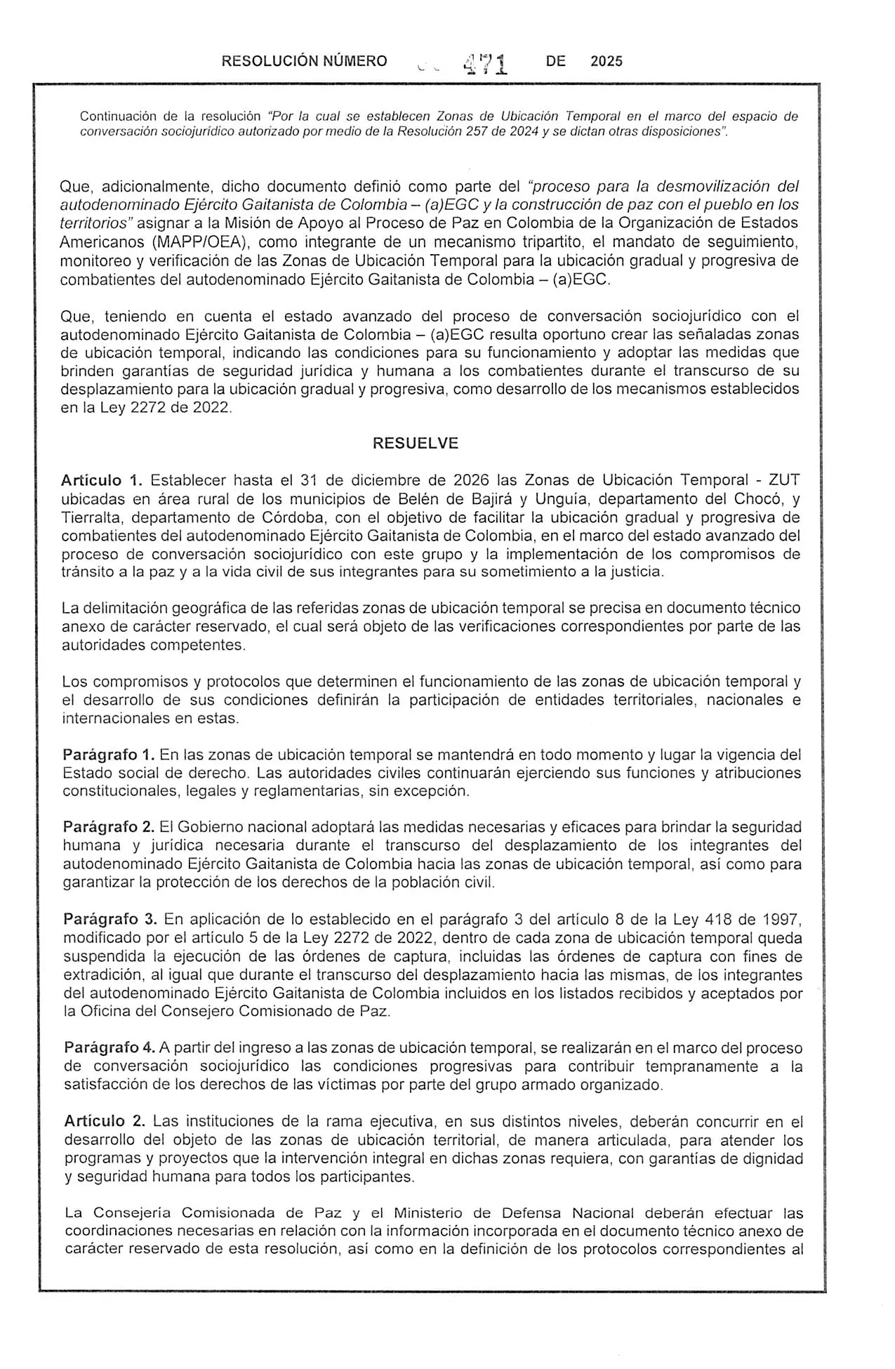 Gobierno fija zonas temporales para el EGC o ‘Clan del Golfo’ en Chocó y Córdoba