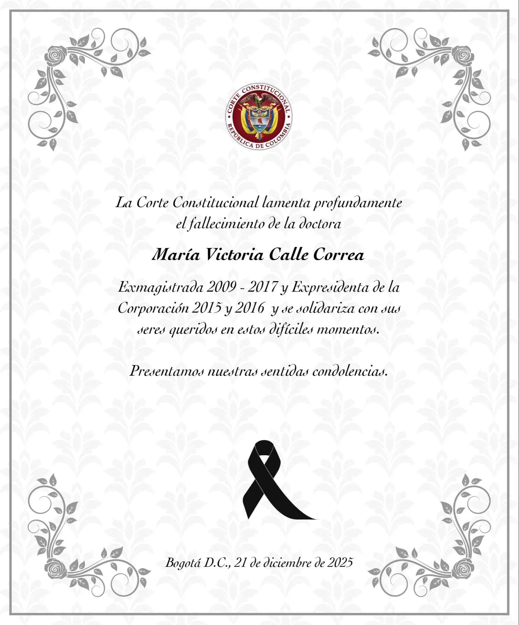 Falleció en Medellín María Victoria Calle Correa, exmagistrada de la Corte Constitucional