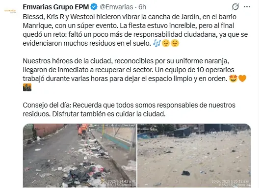 La fiesta se acabó y el reguero quedó en esta cancha de Manrique, por fortuna llegaron 'las escobitas' 1 La fiesta se acabó y el reguero quedó en la cancha de Manrique, por fortuna llegaron las escobitas