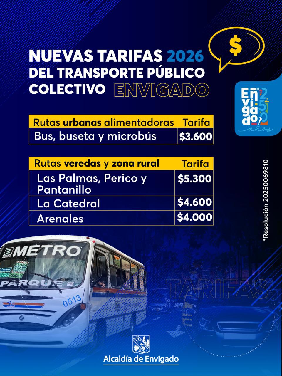 Así quedaron las nuevas tarifas de buses y microbuses en Envigado para el año 2026