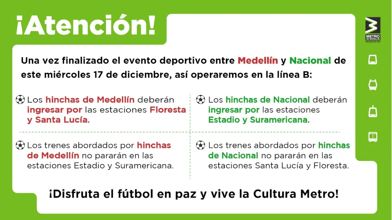 Metro de Medellín ajusta operación en la línea B por la final entre Medellín y Nacional