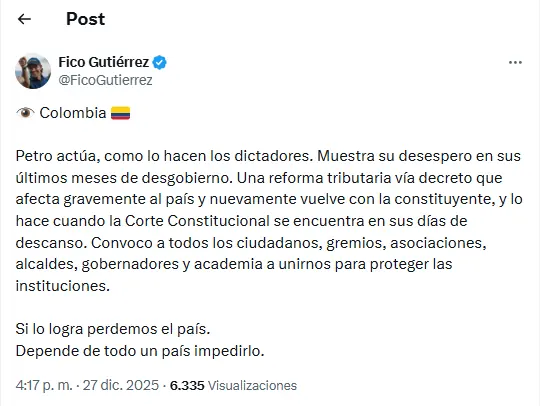 “Petro actúa, como lo hacen los dictadores”: Fico sobre propuesta a una asamblea constituyente