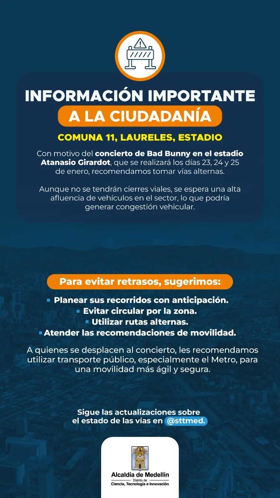 Estos son los cambios en la movilidad por el concierto de Bad Bunny en Medellín