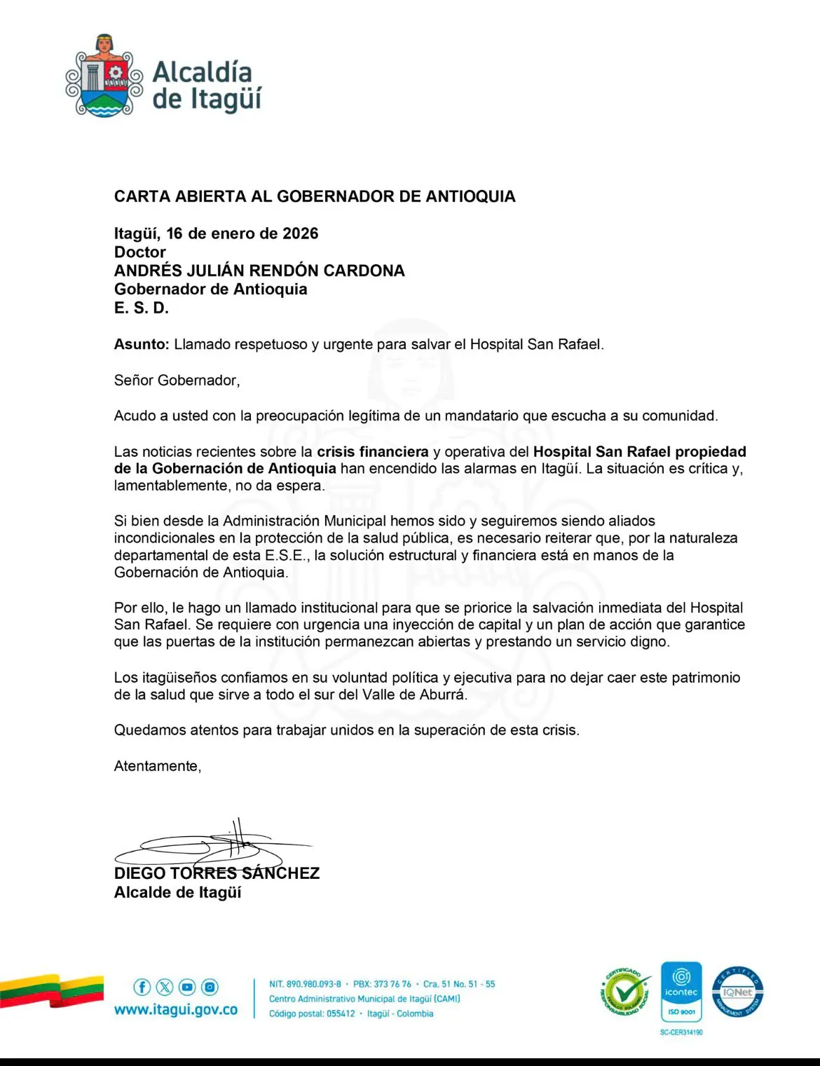 Alcalde de Itagüí pide acción inmediata para sostener el hospital de su municipio
