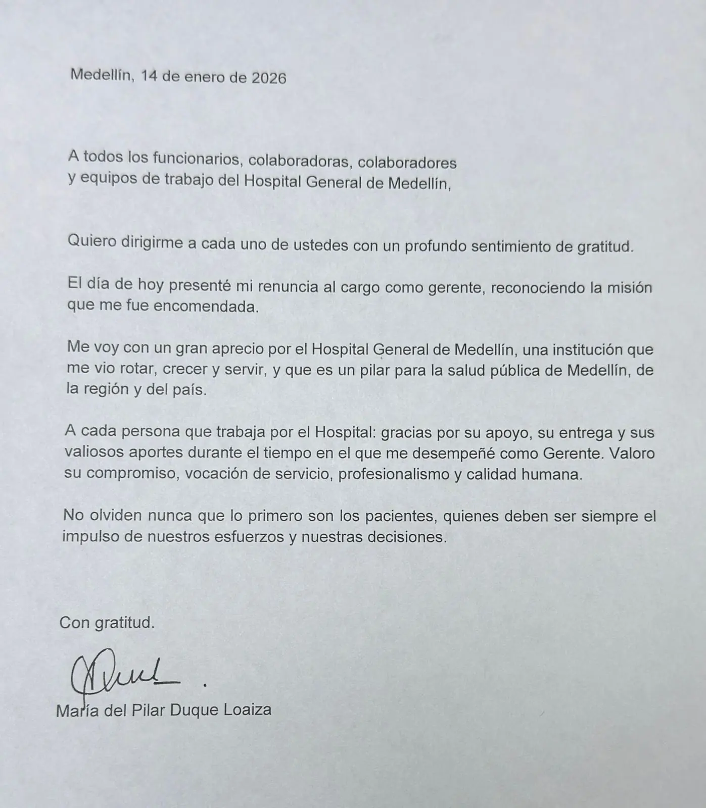 Alcalde de Medellín confirma renuncia de la gerente del Hospital General María del Pilar Duque
