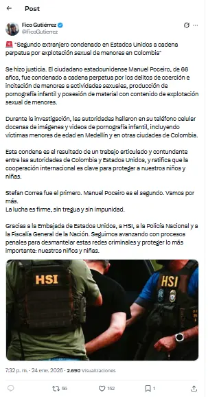 Estadounidense fue condenado a cadena perpetua por delitos contra menores en Medellín y otras ciudades de Colombia