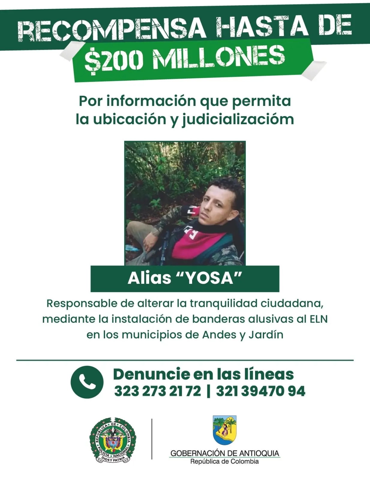 Gobernación ofrece recompensa por presunto responsable de la instalación de banderas del ELN en el Suroeste antioqueño