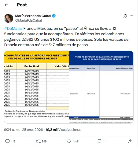 María Fernanda Cabal revela que el viaje de Francia Márquez a África costó más de $530 millones