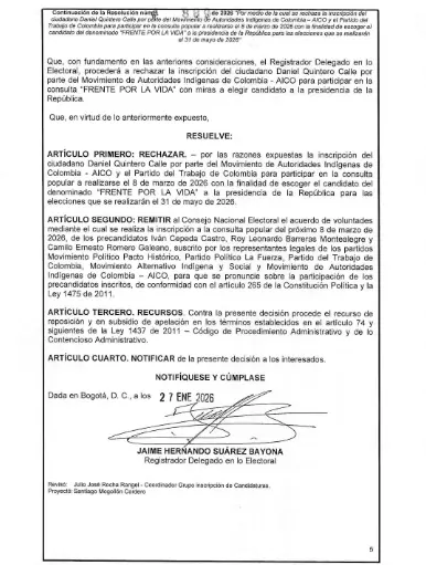 Registraduría rechazó postulación presidencial de Daniel Quintero y remitió al Consejo Nacional Electoral la inscripción 3 Registraduría rechazó postulación presidencial de Daniel Quintero y remitió al Consejo Nacional Electoral la inscripción