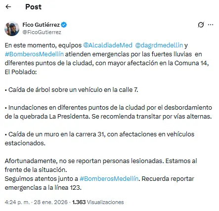 Alcalde de Medellín se pronuncia tras emergencias por lluvias en la ciudad 2 Alcalde de Medellin se pronuncia tras emergencias por lluvias en la ciudad