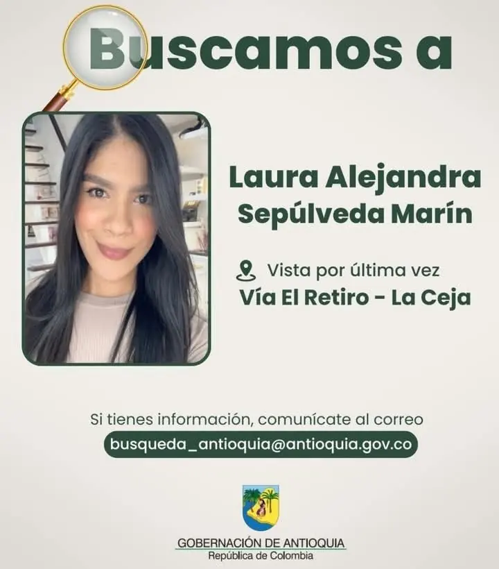 Buscan a Laura Alejandra Sepúlveda Marín desaparecida entre El Retiro y La Ceja