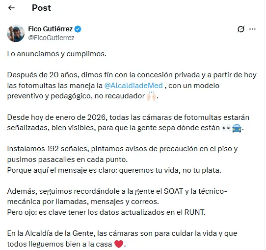 Después de 20 años, Medellín retoma el control total de las fotomultas; “cumplimos”, dijo Fico