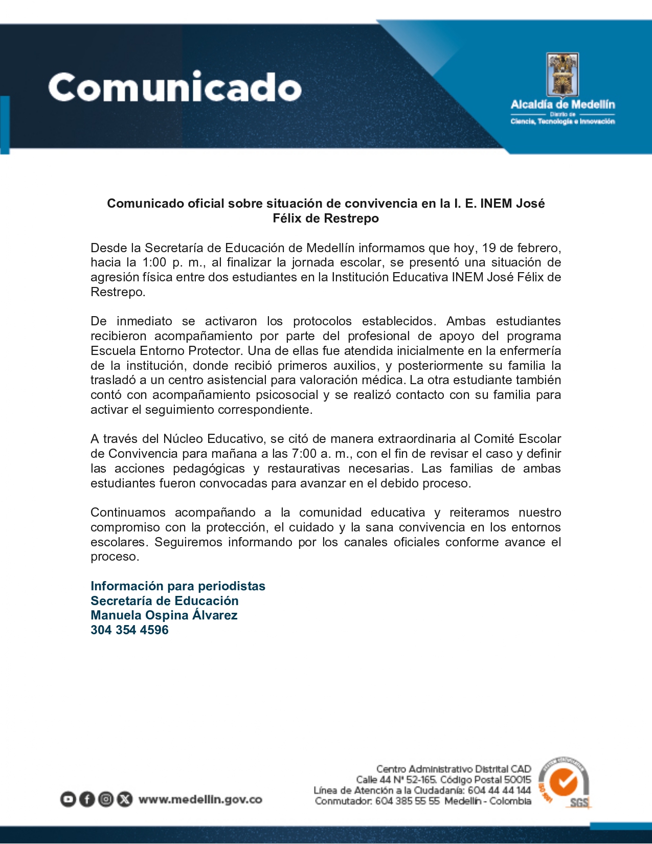 Brutal pelea entre dos estudiantes del INEM José Félix de Restrepo tras salir de clases; una menor fue llevada a un centro asistencial 1 19022026 Comunicado page 0001