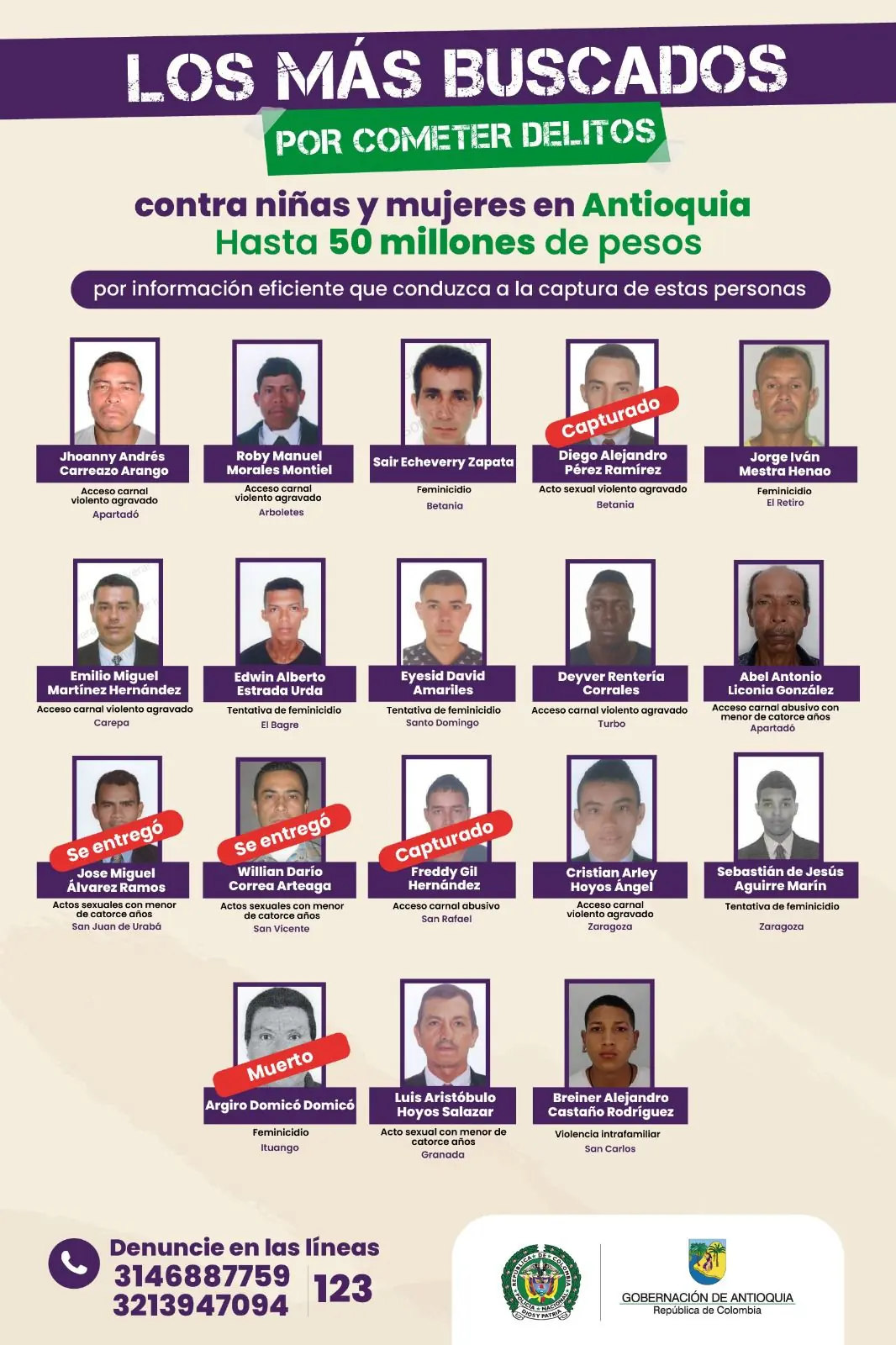 Otro integrante del cartel de los más buscados en Antioquia por abuso a mujeres y menores se entregó