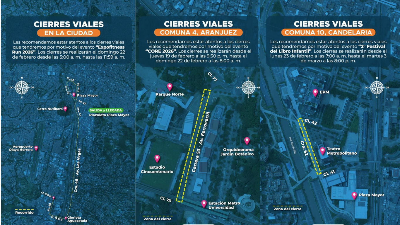 Cierres viales en Medellín este fin de semana por eventos masivos, deportivos y culturales