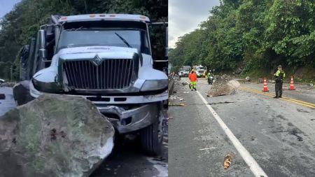 VIDEO: Por centímetros no fue tragedia: rocas del tamaño de un carro frenó en seco a una tractomula VIDEO: Por centímetros no fue tragedia: roca del tamaño de un carro frenó en seco a una tractomula