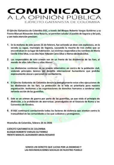 EGC niega estar detrás del ataque con dron que mató a una madre y sus dos hijos y señala a disidencias de las Farc