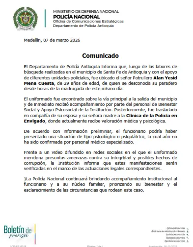 Policía de Antioquia se pronuncia tras hallazgo de uniformado desaparecido y video con posibles amenazas