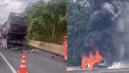 ¿Por falla électrica? Un bus se incendió con 20 personas en plena autopista