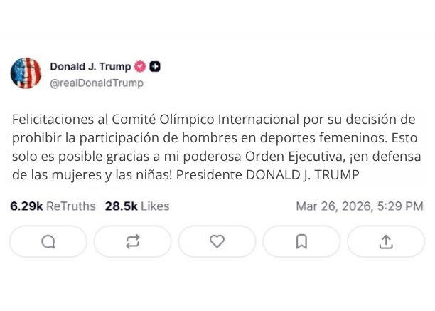 Felicitaciones al Comite Olimpico Internacional por su decision de prohibir la participacion de hombres en deportes femeninos. Esto solo es posible gracias a mi poderosa Orden Ejecutiva ¡en defe