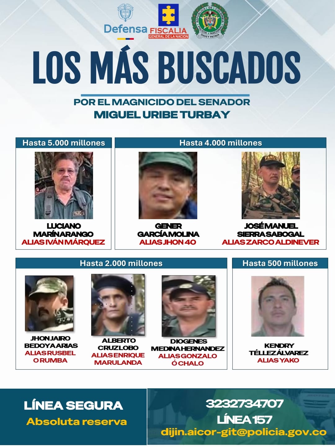 Autoridades emiten órdenes de captura contra siete jefes de la Segunda Marquetalia por magnicidio de Miguel Uribe Turbay