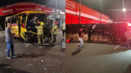 Un bus volcado y otro en pedazos deja violento choque en el centro de Medellín Choque de buses en el centro de Medellín