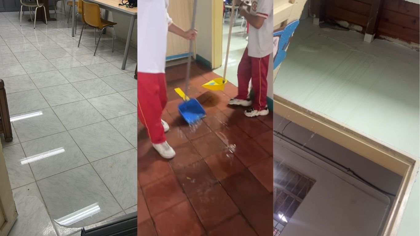 Denuncian graves inundaciones en la I.E. Fundadores sede Socorro: niños deben sacar el agua para poder recibir clases