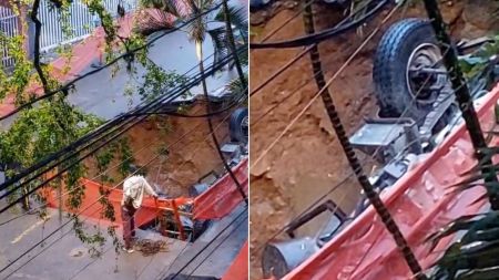 CÁMARA ATENTA: La vía cedió, una volqueta quedó con las llantas para arriba y ahora no saben cómo sacarla.